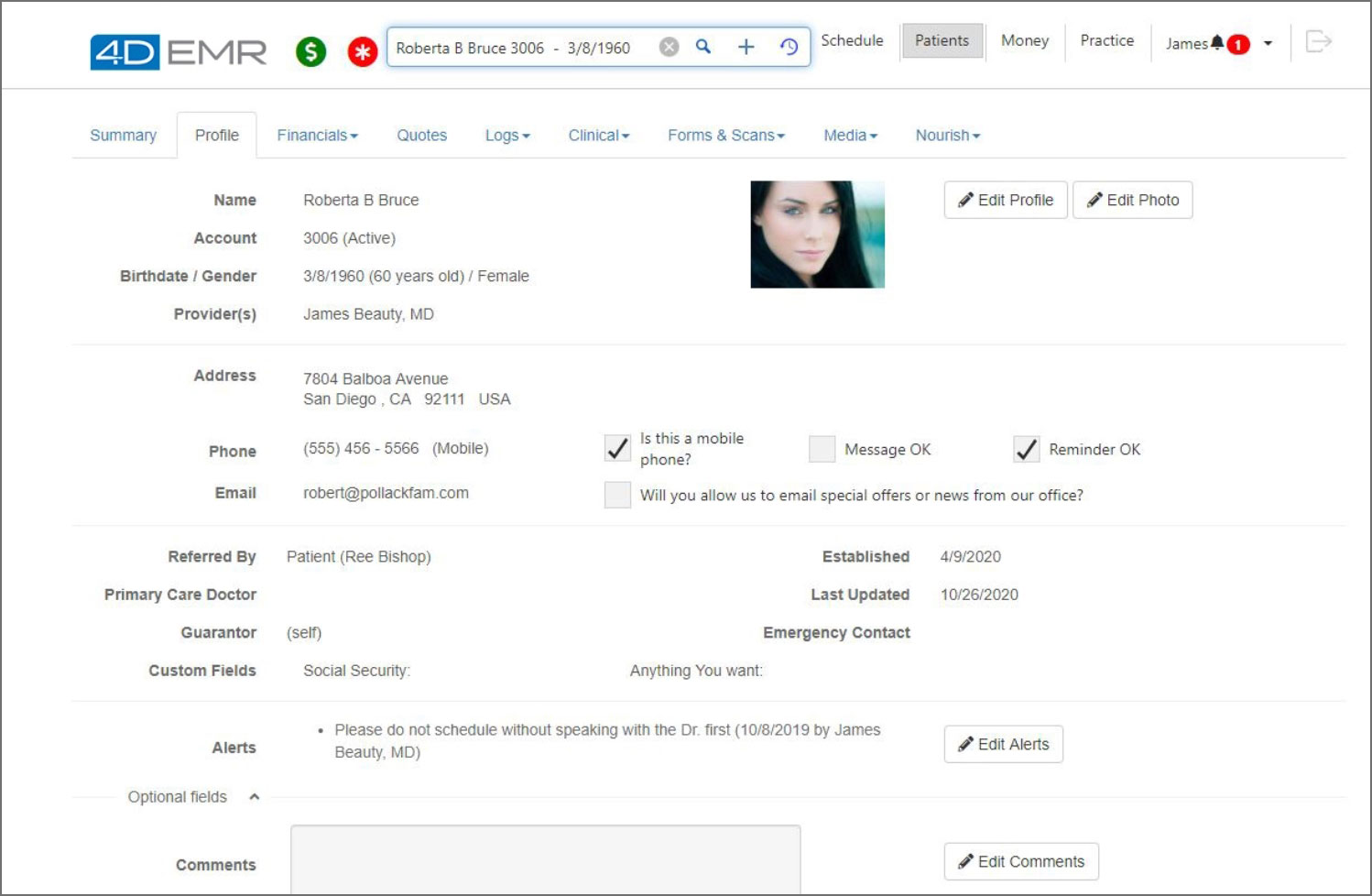 emr medical specialty patient profile example